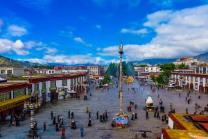 Barkhor Square with the Potala Palace in background, Lhasa, Tibet (Xizang), China.
